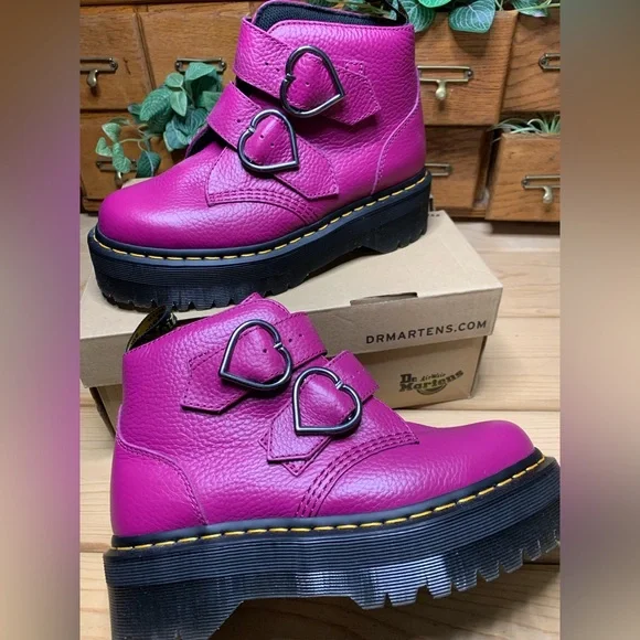 Dr. Martens ‘Devan Heart’ Magenta Milled Nappa Leather Platform Boots - Picture 1 of 9